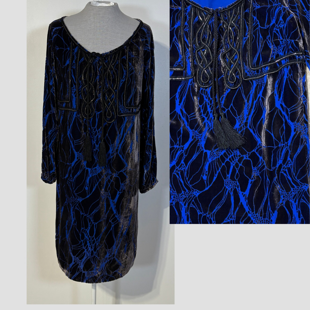 Antik Batik Dress Women’s Size XS Black Blue Velvet Flocked Embroidered Cocktail